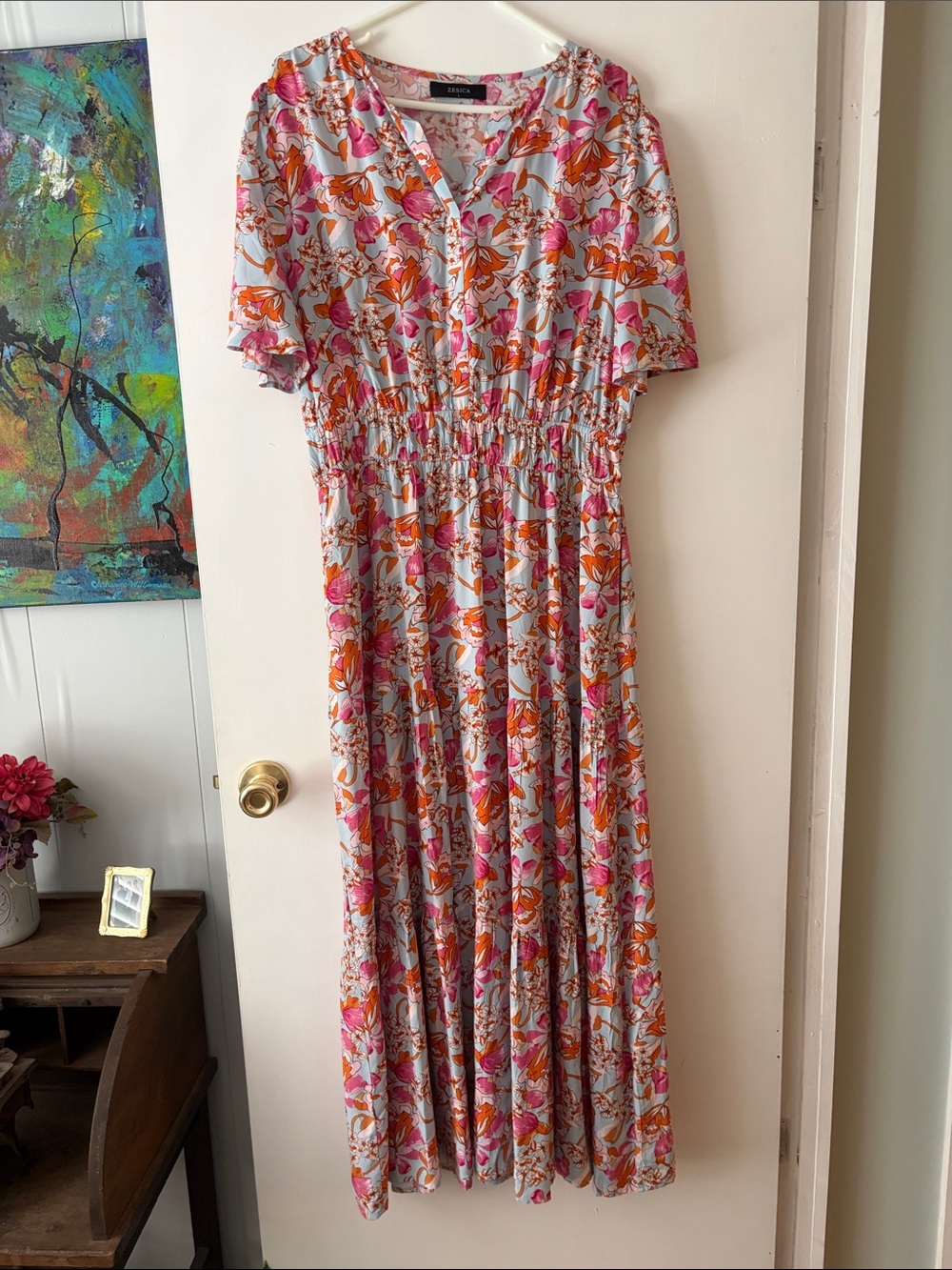 Smocked Floral Maxi Dress in Pink, Blue & Orange